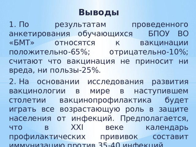 Выводы 1.  По результатам проведенного анкетирования обучающихся БПОУ ВО «БМТ» относятся к вакцинации положительно-65%; отрицательно-10%; считают что вакцинация не приносит ни вреда, ни пользы-25%. 2.  На основании исследования развития вакцинологии в мире в наступившем столетии вакцинопрофилактика будет играть все возрастающую роль в защите населения от инфекций. Предполагается, что в XXI веке календарь профилактических прививок составит иммунизацию против 35-40 инфекций. 