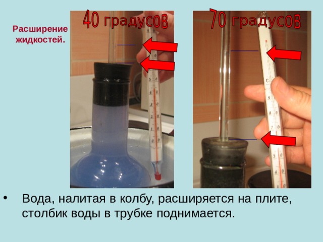Расширение  жидкостей.   Вода, налитая в колбу, расширяется на плите, столбик воды в трубке поднимается. 