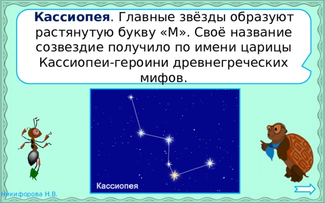 Кассиопея . Главные звёзды образуют растянутую букву «М». Своё название созвездие получило по имени царицы Кассиопеи-героини древнегреческих мифов.