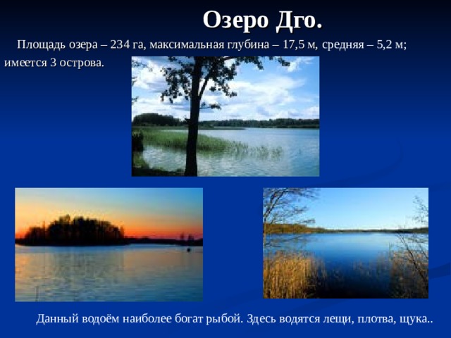  Озеро Дго.  Площадь озера – 234 га, максимальная глубина – 17,5 м, средняя – 5,2 м;  имеется 3 острова.  Данный водоём наиболее богат рыбой. Здесь водятся лещи, плотва, щука.. 