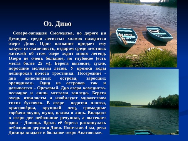  Оз. Диво  Северо-западнее Смоленска, по дороге на Демидов, среди лесистых холмов находится озеро Диво. Одно название придает ему какую-то сказочность, недаром среди местных жителей об этом озере ходит много легенд. Озеро не очень большое, но глубокое (есть места более 25 м). Берега высокие, сухие, поросшие молодым лесом. У кромки воды неширокая полоса тростника. Посередине - два живописных острова, заросших орешником. Один из островов так и называется - Ореховый. Дно озера каменисто-песчаное и лишь местами заилено. Берега очень извилисты и изобилуют множеством тихих бухточек. В озере водится плотва, краснопёрка, крупный лещ, громадные горбачи-окуни, щуки, налим и линь. Впадают в озеро две небольшие речушки, а вытекает одна - Дивица. Вдоль её берега раскинулась небольшая деревня Диво. Попетляв 4 км, река Дивица впадает в большое озеро Акатовское. 