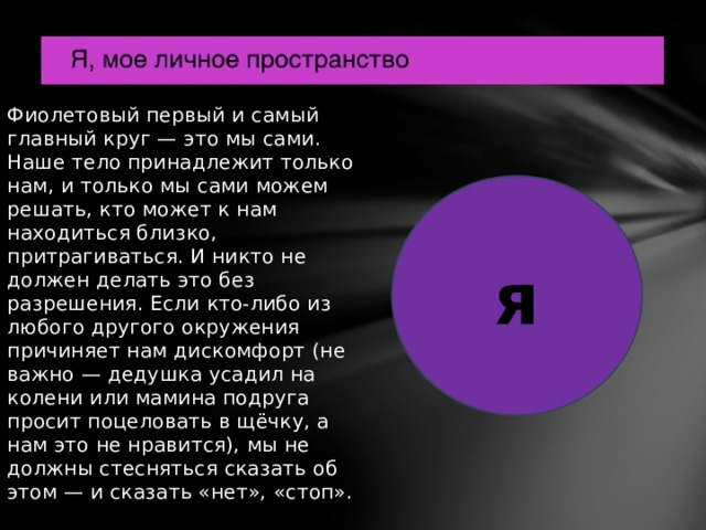 Фиолетовый первый и самый главный круг — это мы сами. Наше тело принадлежит только нам, и только мы сами можем решать, кто может к нам находиться близко, притрагиваться. И никто не должен делать это без разрешения. Если кто-либо из любого другого окружения причиняет нам дискомфорт (не важно — дедушка усадил на колени или мамина подруга просит поцеловать в щёчку, а нам это не нравится), мы не должны стесняться сказать об этом — и сказать «нет», «стоп». я
