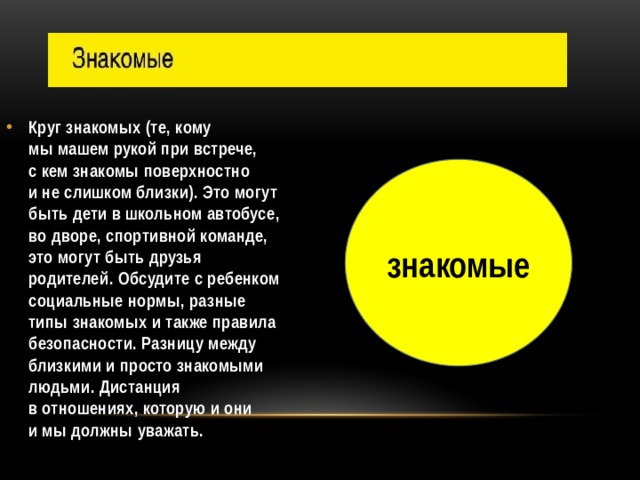Круг знакомых (те, кому мы машем рукой при встрече, с кем знакомы поверхностно и не слишком близки). Это могут быть дети в школьном автобусе, во дворе, спортивной команде, это могут быть друзья родителей. Обсудите с ребенком социальные нормы, разные типы знакомых и также правила безопасности. Разницу между близкими и просто знакомыми людьми. Дистанция в отношениях, которую и они и мы должны уважать.