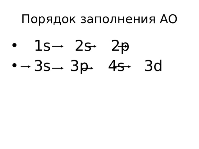 Порядок заполнения АО  1s 2s 2p  3s 3p 4s 3d  