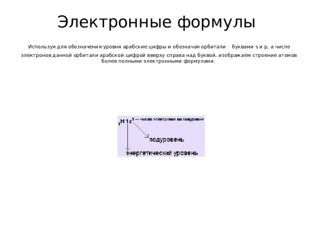 Электронные формулы  Используя для обозначения уровня арабские цифры и обозначая орбитали  буквами s и p , а число электронов данной орбитали арабской цифрой вверху справа над буквой, изображаем строение атомов более полными электронными формулами. 