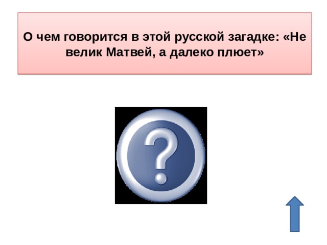 О чем говорится в этой русской загадке: «Не велик Матвей, а далеко плюет» Ружье 
