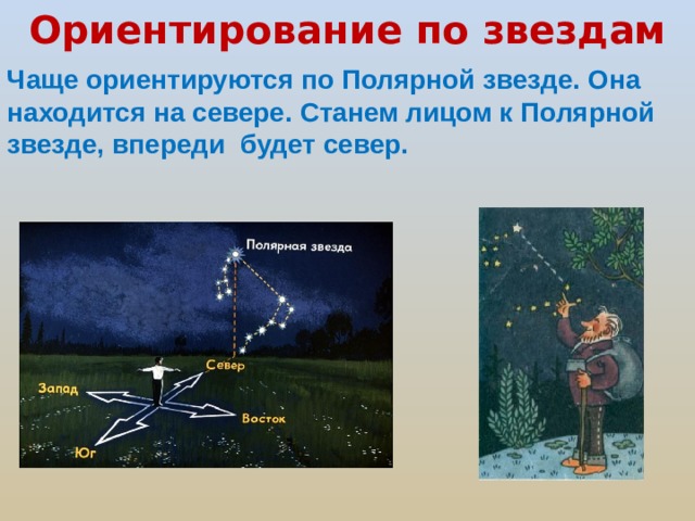 Ориентирование по звездам      Чаще ориентируются по Полярной звезде. Она находится на севере. Станем лицом к Полярной звезде, впереди будет север.   