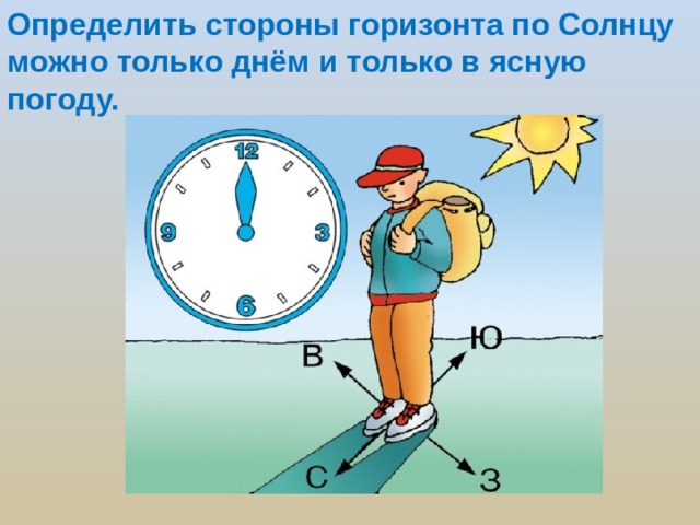 Определить стороны горизонта по Солнцу можно только днём и только в ясную погоду.  