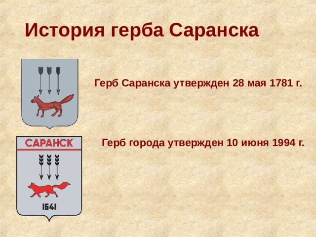 История герба Саранска Герб Саранска утвержден 28 мая 1781 г. Герб города утвержден 10 июня 1994 г. 