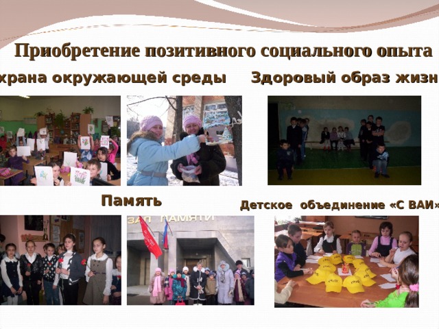 Приобретение позитивного социального опыта Охрана окружающей среды Здоровый образ жизни   Память Детское объединение «С ВАИ» 