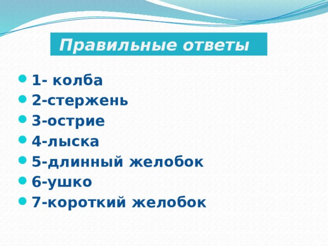  Правильные ответы 1- колба 2-стержень 3-острие 4-лыска 5-длинный желобок 6-ушко 7-короткий желобок  