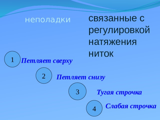 связанные с регулировкой натяжения ниток неполадки 1 Петляет сверху 2 Петляет снизу 3 Тугая строчка Слабая строчка 4 