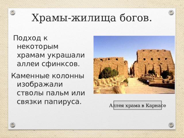 Храмы-жилища богов.  Подход к некоторым храмам украшали аллеи сфинксов. Каменные колонны изображали стволы пальм или связки папируса. Аллея храма в Карнасе 