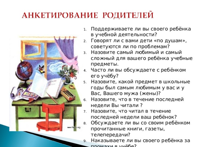 Поддерживаете ли вы своего ребёнка в учебной деятельности? Говорят ли с вами дети «по душам», советуются ли по проблемам? Назовите самый любимый и самый сложный для вашего ребёнка учебные предметы. Часто ли вы обсуждаете с ребёнком его учёбу? Назовите, какой предмет в школьные годы был самым любимым у вас и у Вас, Вашего мужа (жены)? Назовите, что в течение последней недели Вы читали ? Назовите, что читал в течение последней недели ваш ребёнок? Обсуждаете ли вы со своим ребёнком прочитанные книги, газеты, телепередачи? Наказываете ли вы своего ребёнка за промахи в учёбе? Любит ли ваш ребёнок учиться? 