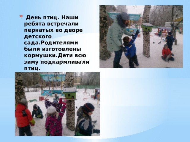  День птиц. Наши ребята встречали пернатых во дворе детского сада.Родителями были изготовлены кормушки.Дети всю зиму подкармливали птиц. 
