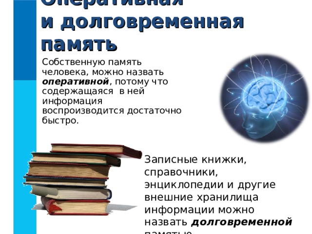 Оперативная  и долговременная память Собственную память человека, можно назвать оперативной , потому что содержащаяся в ней информация воспроизводится достаточно быстро. Записные книжки, справочники, энциклопедии и другие внешние хранилища информации можно назвать долговременной памятью. 