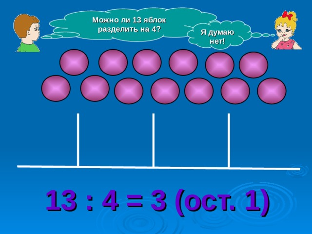 Можно ли 13 яблок разделить на 4? Я думаю нет! 13 : 4 = 3 (ост. 1) 