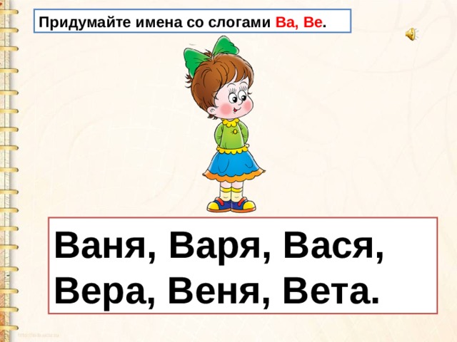 Придумайте имена со слогами Ва, Be . Ваня, Варя, Вася, Вера, Веня, Вета. 