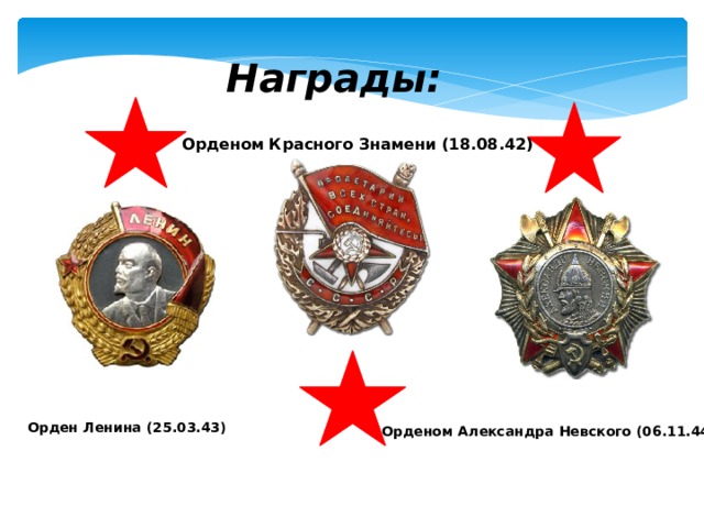 Награды:  Орденом Красного Знамени (18.08.42) Орден Ленина (25.03.43)  Орденом Александра Невского (06.11.44) 