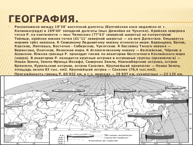 География. Расположена между 19°38’ восточной долготы (Балтийская коса недалеко от г. Калининграда) и 169°40’ западной долготы (мыс Дежнёва на Чукотке). Крайняя северная точка Р. на континенте — мыс Челюскин (77°43’ северной широты) на полуострове Таймыр, крайняя южная точка (41°11’ северной широты) — на юге Дагестана. Омывается морями трёх океанов. К Северному Ледовитому океану относятся моря: Баренцево, Белое, Карское, Лаптевых, Восточно - Сибирское, Чукотское. К бассейну Тихого океана — Берингово, Охотское, Японское моря. К Атлантическому океану — Балтийское, Чёрное и Азовское. Южная граница Р. проходит также по акватории бессточного Каспийского моря (озера). В акватории Р. находятся крупные острова и островные группы (архипелаги) — Новая Земля, Земля Франца Иосифа, Северная Земля, Новосибирские острова, остров Врангеля, Курильские острова, остров Сахалин. Крупнейший архипелаг — Новая Земля, площадь около 83 тыс. км2. Крупнейший остров — Сахалин (76,4 тыс.км2). Протяжённость границ Р. 60 932 км, в т.ч. морских — 38 807 км, сухопутных — 22 125 км. 