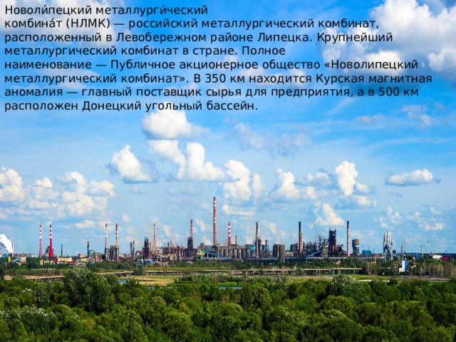 Новоли́пецкий металлурги́ческий комбина́т (НЛМК) — российский металлургический комбинат, расположенный в Левобережном районе Липецка. Крупнейший металлургический комбинат в стране. Полное наименование — Публичное акционерное общество «Новолипецкий металлургический комбинат». В 350 км находится Курская магнитная аномалия — главный поставщик сырья для предприятия, а в 500 км расположен Донецкий угольный бассейн. 