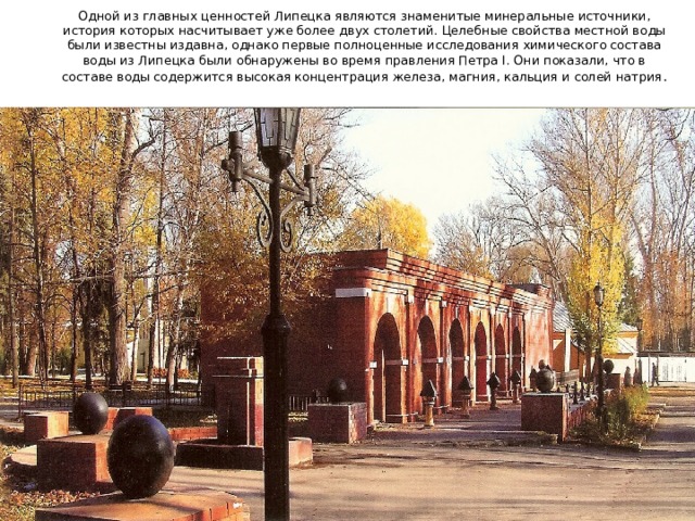 Одной из главных ценностей Липецка являются знаменитые минеральные источники, история которых насчитывает уже более двух столетий. Целебные свойства местной воды были известны издавна, однако первые полноценные исследования химического состава воды из Липецка были обнаружены во время правления Петра I. Они показали, что в составе воды содержится высокая концентрация железа, магния, кальция и солей натрия . 