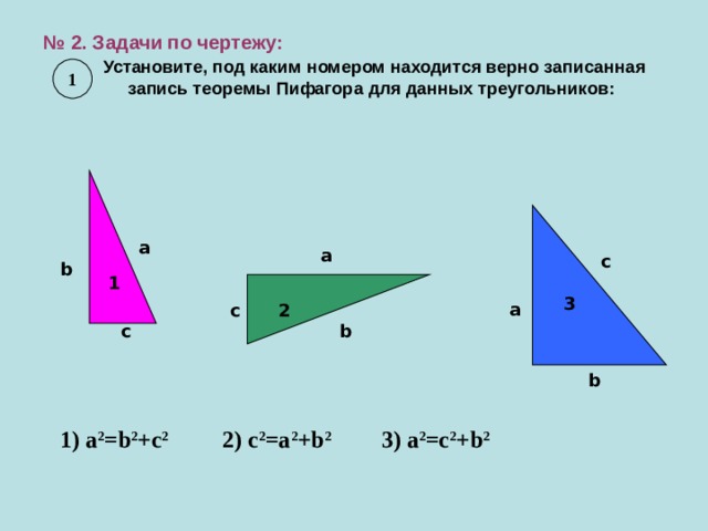 № 2. Задачи по чертежу:   Установите, под каким номером находится верно записанная  запись теоремы Пифагора для данных треугольников: 1 a a c b 1 3 a c 2 c b b 1) а 2 =b 2 +c 2   2) c 2 =a 2 +b 2  3) a 2 =c 2 +b 2  