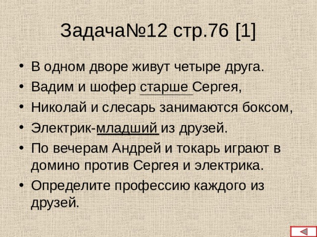 Задача№12 стр.76 [ 1 ] В одном дворе живут четыре друга. Вадим и шофер старше Сергея, Николай и слесарь занимаются боксом, Электрик-младший из друзей. По вечерам Андрей и токарь играют в домино против Сергея и электрика. Определите профессию каждого из друзей.  