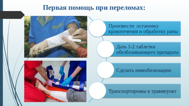 Первая помощь при переломах: Произвести остановку кровотечения и обработку раны Дать 1-2 таблетки обезболивающего препарата Сделать  иммобилизацию Транспортировка в травмпункт 