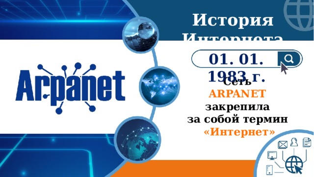 История Интернета 01. 01. 1983 г. Сеть ARPANET  закрепила за собой термин «Интернет» 