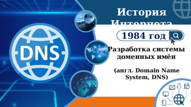 История Интернета 1984 год Разработка системы доменных имён (англ. Domain Name System, DNS) 