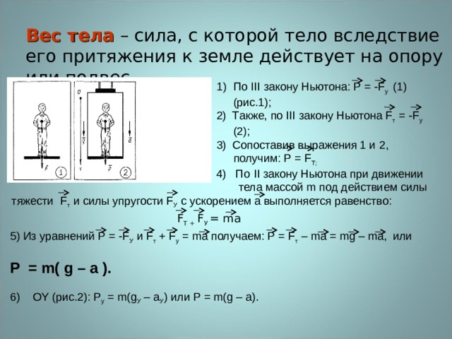Вес тела – сила, с которой тело вследствие его притяжения к земле действует на опору или подвес. По III закону Ньютона: Р = - F у (1) (рис.1); 2) Также, по III закону Ньютона F т = - F у (2); 3) Сопоставив выражения 1 и 2, получим: Р = F Т; 4) По II закону Ньютона при движении  тела массой m под действием силы тяжести F т и силы упругости F У с ускорением а выполняется равенство: F Т + F У = ma 5) Из уравнений Р = - F У и F т + F у = m а получаем: Р = F т – ma = mg – ma , или  Р = m(  g – a  ). 6) OY (рис.2): Р у = m ( g У – a У ) или P = m ( g – a ). 