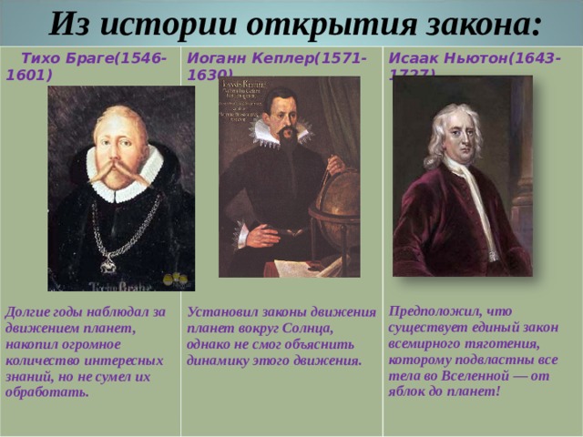 Из истории открытия закона:  Тихо Браге(1546-1601)              Долгие годы наблюдал за движением планет, накопил огромное количество интересных знаний, но не сумел их обработать. Иоганн Кеплер(1571-1630)              Установил законы движения планет вокруг Солнца, однако не смог объяснить динамику этого движения. Исаак Ньютон(1643-1727)              Предположил, что существует единый закон всемирного тяготения, которому подвластны все тела во Вселенной — от яблок до планет! 
