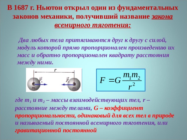 В 1687 г. Ньютон открыл один из фундаментальных законов механики, получивший название закона всемирного тяготения:    Два любых тела притягиваются друг к другу с силой, модуль которой прямо пропорционален произведению их масс и обратно пропорционален квадрату расстояния между ними.   где m 1 и m 2 – массы взаимодействующих тел, r – расстояние между телами, G – коэффициент пропорциональности, одинаковый для всех тел в природе и называемый постоянной всемирного тяготения, или гравитационной постоянной  где m 1 и m 2 – массы взаимодействующих тел, r – расстояние между телами, G – коэффициент пропорциональности, одинаковый для всех тел в природе и называемый постоянной всемирного тяготения, или гравитационной постоянной 