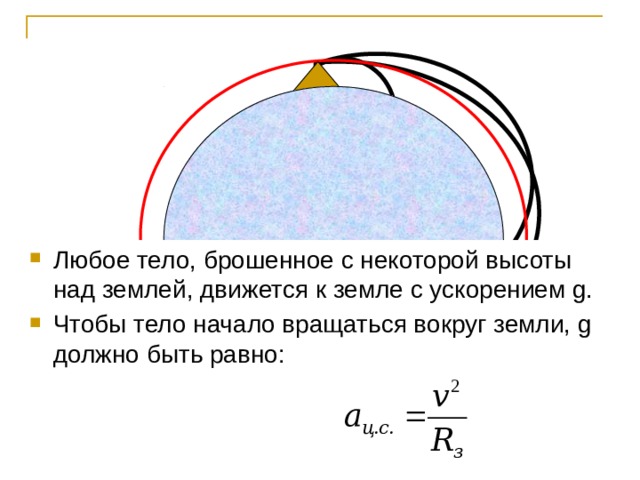 Любое тело, брошенное с некоторой высоты над землей, движется к земле с ускорением g. Чтобы тело начало вращаться вокруг земли, g должно быть равно: 