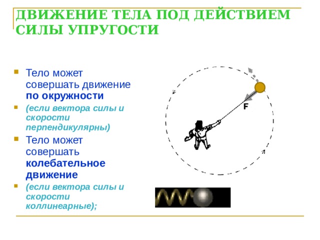 ДВИЖЕНИЕ ТЕЛА ПОД ДЕЙСТВИЕМ СИЛЫ УПРУГОСТИ Тело может совершать движение по окружности (если вектора силы и скорости перпендикулярны) Тело может совершать колебательное движение (если вектора силы и скорости коллинеарные); 