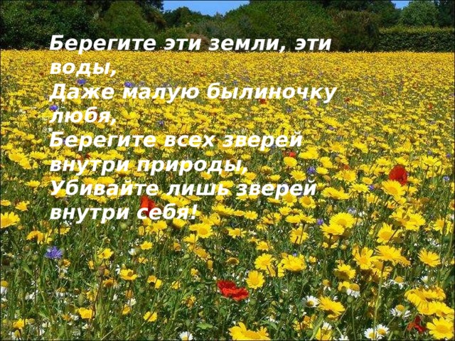 Берегите эти земли, эти воды, Даже малую былиночку любя, Берегите всех зверей внутри природы, Убивайте лишь зверей внутри себя! Берегите эти земли, эти воды, Даже малую былиночку любя, Берегите всех зверей внутри природы, Убивайте лишь зверей внутри себя! Берегите эти земли, эти воды, Берегите эти земли, эти воды, Даже малую былиночку любя, Даже малую былиночку любя, Берегите всех зверей внутри природы, Берегите всех зверей внутри природы, Убивайте лишь зверей внутри себя! Убивайте лишь зверей внутри себя! 