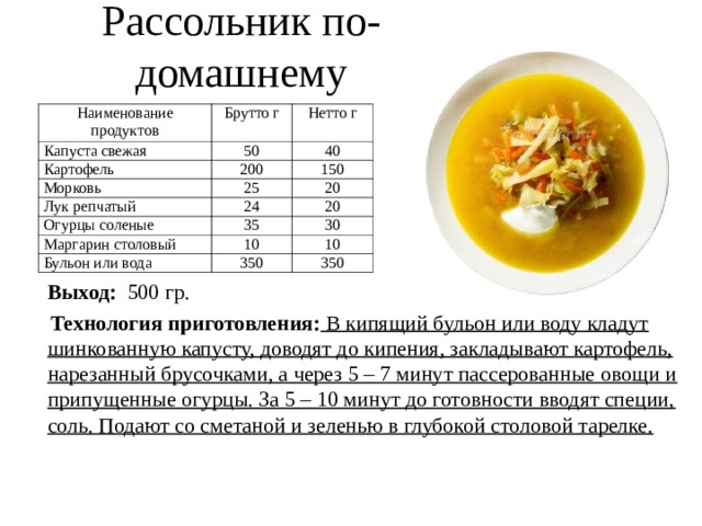 Рассольник по-домашнему Наименование продуктов Брутто г Капуста свежая Нетто г 50 Картофель 40 200 Морковь Лук репчатый 150 25 Огурцы соленые 20 24 20 35 Маргарин столовый 30 10 Бульон или вода 10 350 350  Выход: 500 гр.  Технология приготовления: В кипящий бульон или воду кладут шинкованную капусту, доводят до кипения, закладывают картофель, нарезанный брусочками, а через 5 – 7 минут пассерованные овощи и припущенные огурцы. За 5 – 10 минут до готовности вводят специи, соль. Подают со сметаной и зеленью в глубокой столовой тарелке. 