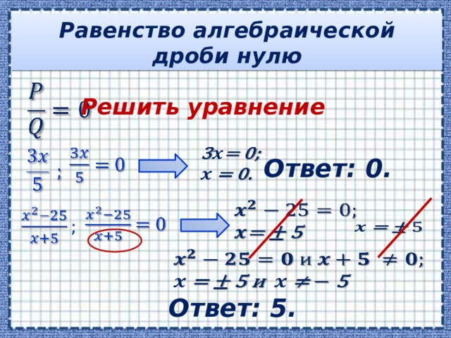 Равенство алгебраической дроби нулю   Решить уравнение       Ответ: 0.           Ответ: 5.