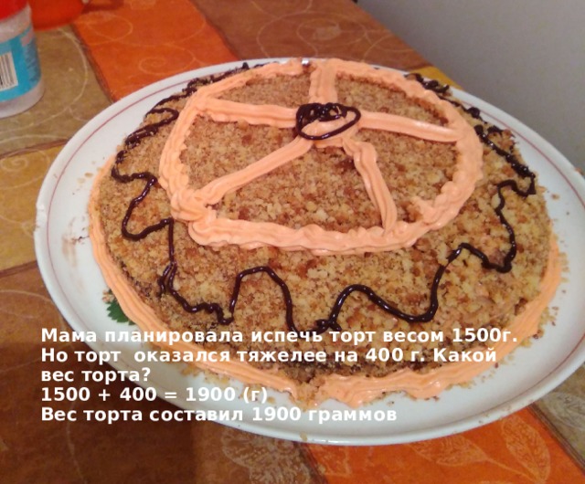 Мама планировала испечь торт весом 1500г. Но торт оказался тяжелее на 400 г. Какой вес торта?  1500 + 400 = 1900 (г)  Вес торта составил 1900 граммов    