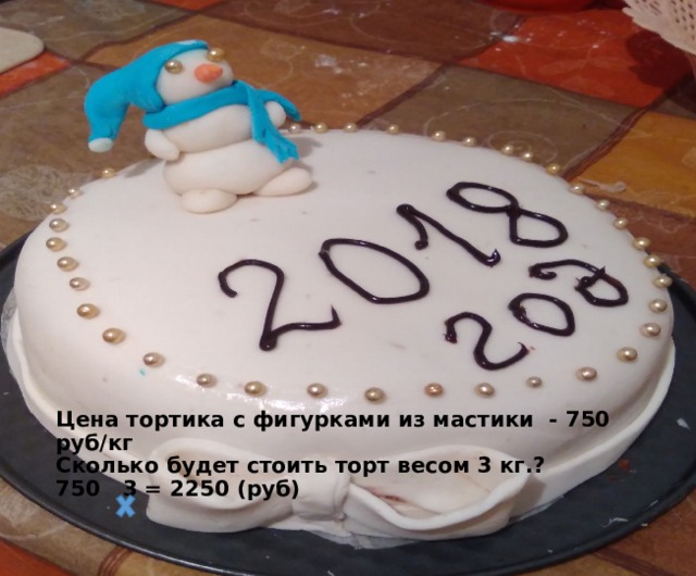 Цена тортика с фигурками из мастики - 750 руб/кг  Сколько будет стоить торт весом 3 кг.?  750 3 = 2250 (руб)     