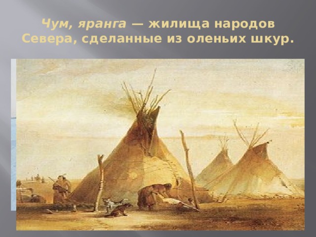 Чум, яранга — жилища народов Севера, сделанные из оленьих шкур.   
