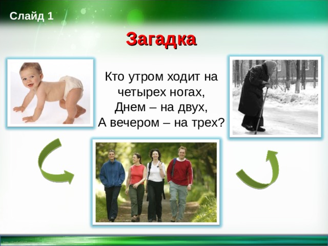 Слайд 1 Загадка Кто утром ходит на четырех ногах, Днем – на двух, А вечером – на трех?  