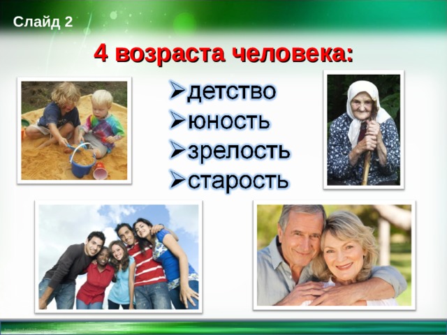 Слайд 2 4 возраста человека:  