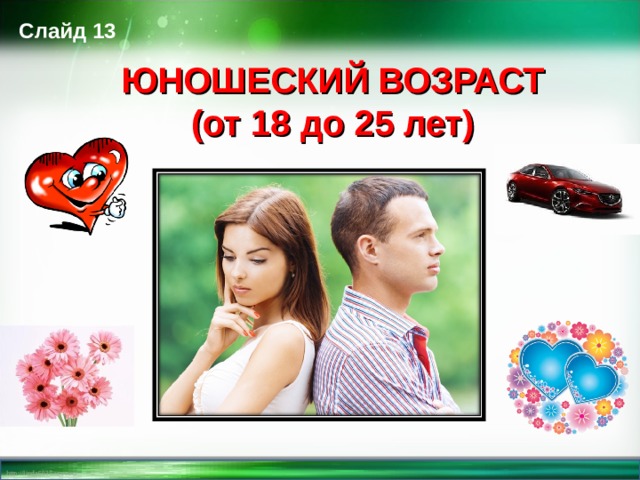 Слайд 13 ЮНОШЕСКИЙ ВОЗРАСТ (от 18 до 25 лет)    