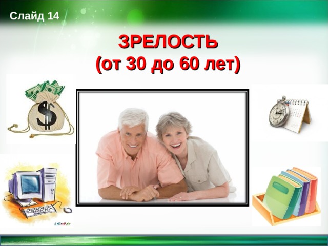 Слайд 14 ЗРЕЛОСТЬ (от 30 до 60 лет)   