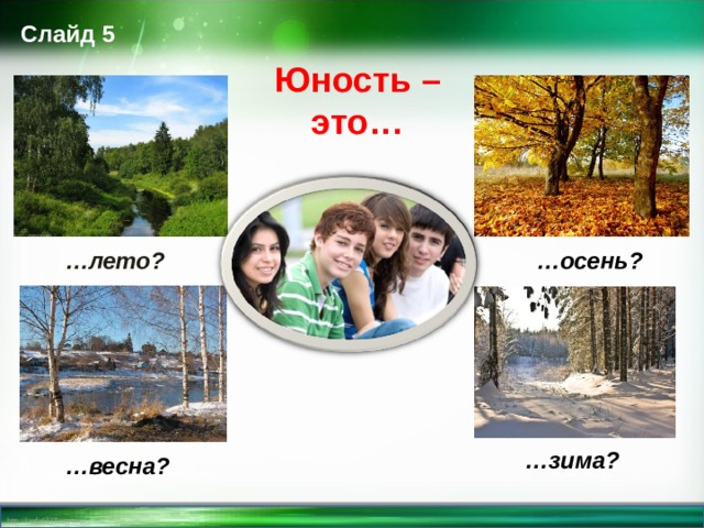 Слайд 5 Юность – это… … лето? … осень? … зима? … весна?  