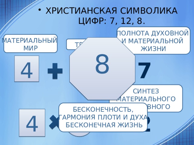 ХРИСТИАНСКАЯ СИМВОЛИКА ЦИФР: 7, 12, 8. ПОЛНОТА ДУХОВНОЙ И МАТЕРИАЛЬНОЙ ЖИЗНИ МАТЕРИАЛЬНЫЙ МИР 8 ТРОИЦА 3 7 4 СИНТЕЗ  МАТЕРИАЛЬНОГО И ДУХОВНОГО БЕСКОНЕЧНОСТЬ,  ГАРМОНИЯ ПЛОТИ И ДУХА,  БЕСКОНЕЧНАЯ ЖИЗНЬ 3 4 12 