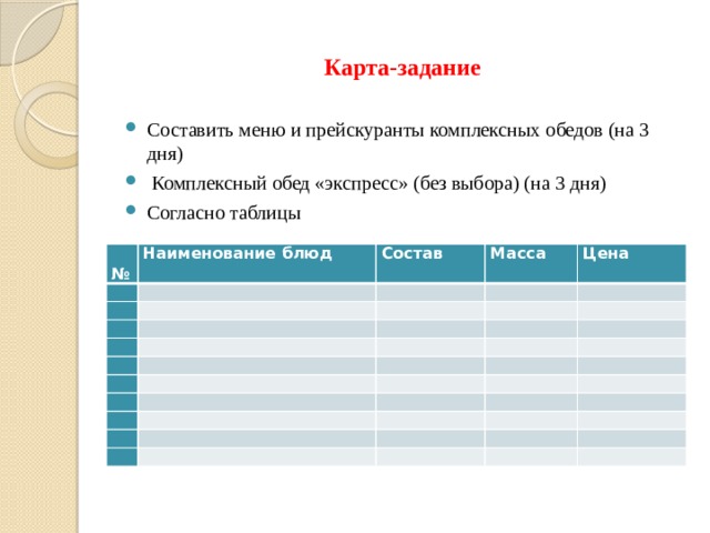 Карта-задание Составить меню и прейскуранты комплексных обедов (на 3 дня)  Комплексный обед «экспресс» (без выбора) (на 3 дня) Согласно таблицы №   Наименование блюд     Состав     Масса       Цена                                                                                     