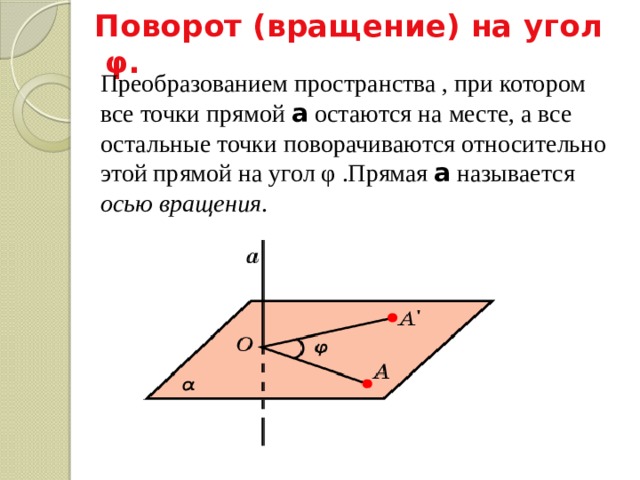 Поворот (вращение) на угол φ. Преобразованием пространства , при котором все точки прямой а остаются на месте, а все остальные точки поворачиваются относительно этой прямой на угол φ .Прямая а называется осью вращения . 